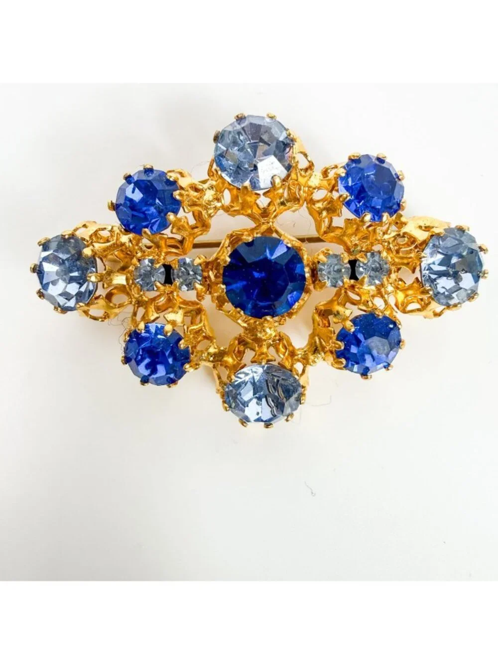 Vintage Gold Tone Diamond Shaped Blue Aqua Prong Set Rhinestones Austria